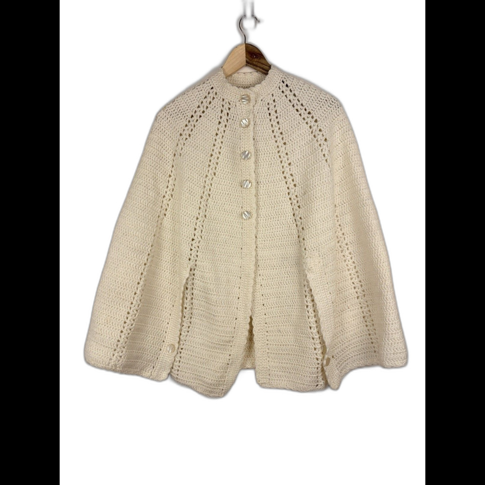 Vintage Handmade Crochet Poncho Cape Cream Button Front Cozy Boho Cottagecore